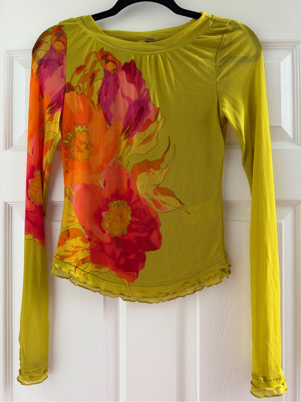 Free People NWT Lilly Printed Mesh Long Sleeve Top Citron Yellow Floral Small - Picture 2 of 9
